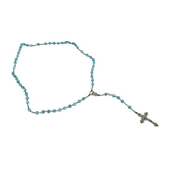 Aqua Clear Beads Metal Silver Chain Rosary Catholic Cross - Picture 1 of 3